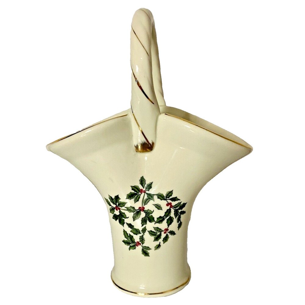 Porcelain Handled Basket Holly Berries 9” Christmas Vase by Madison Max at Home